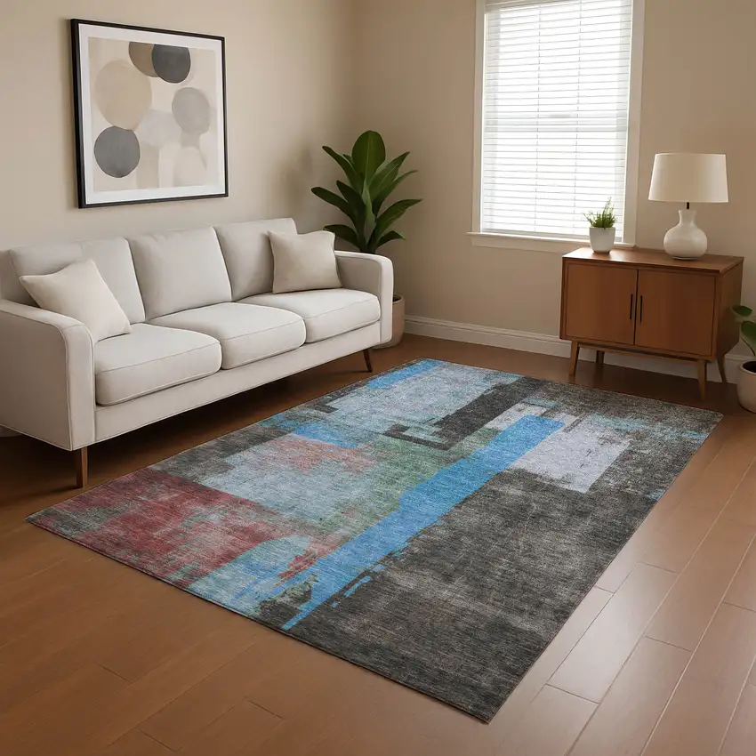 Sky Blue Gray And Silver Abstract Washable Area Rug With UV Protection Photo 2