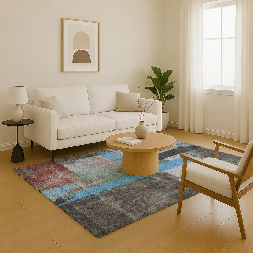 Sky Blue Gray And Silver Abstract Washable Area Rug With UV Protection Photo 1