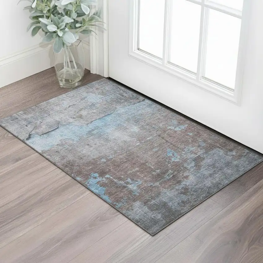 Sky Blue Gray And Silver Abstract Washable Area Rug With UV Protection Photo 2