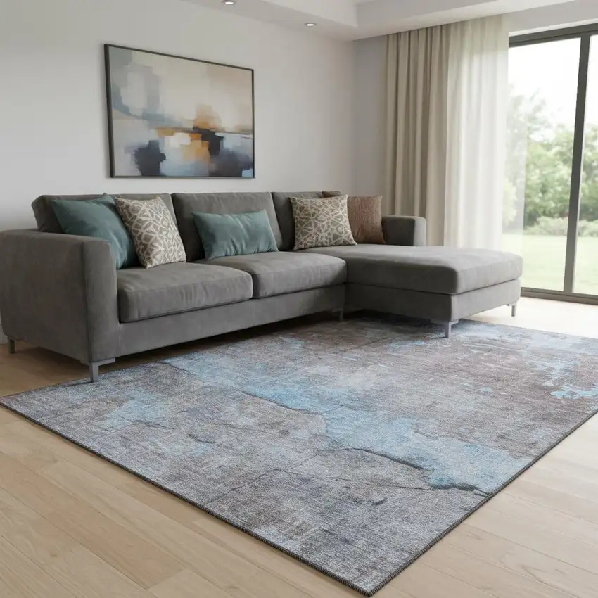 Sky Blue Gray And Silver Abstract Washable Area Rug With UV Protection Photo 2