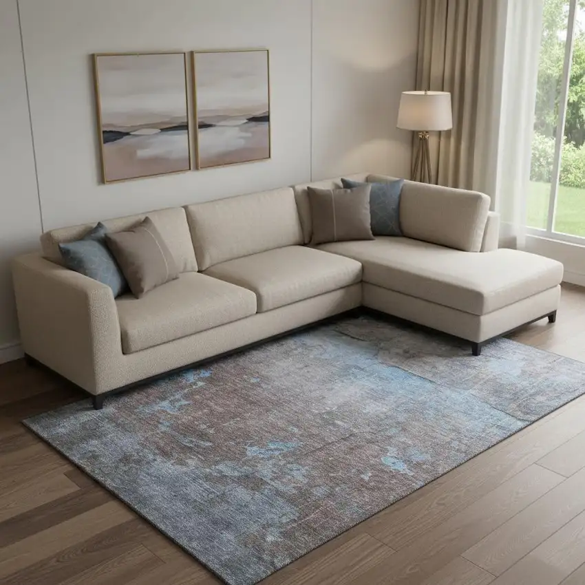 Sky Blue Gray And Silver Abstract Washable Area Rug With UV Protection Photo 2