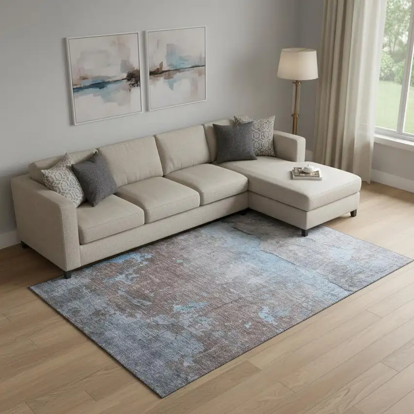 Sky Blue Gray And Silver Abstract Washable Area Rug With UV Protection Photo 2