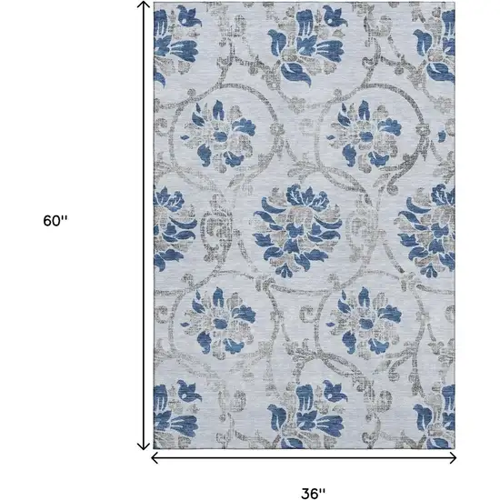 Sky Blue Gray And Silver Floral Washable Area Rug With UV Protection Photo 3