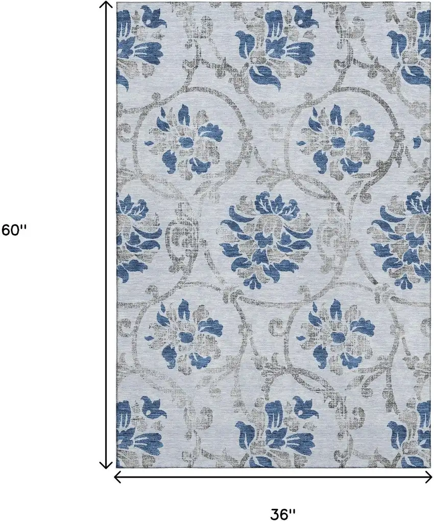 Sky Blue Gray And Silver Floral Washable Area Rug With UV Protection Photo 3