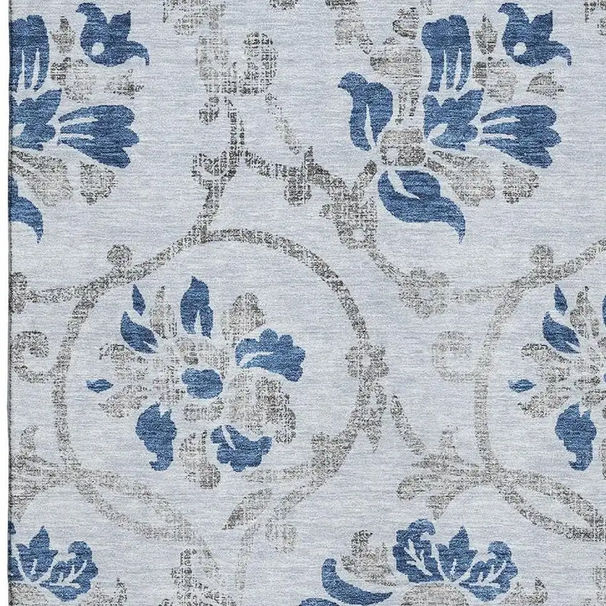 Sky Blue Gray And Silver Floral Washable Area Rug With UV Protection Photo 3