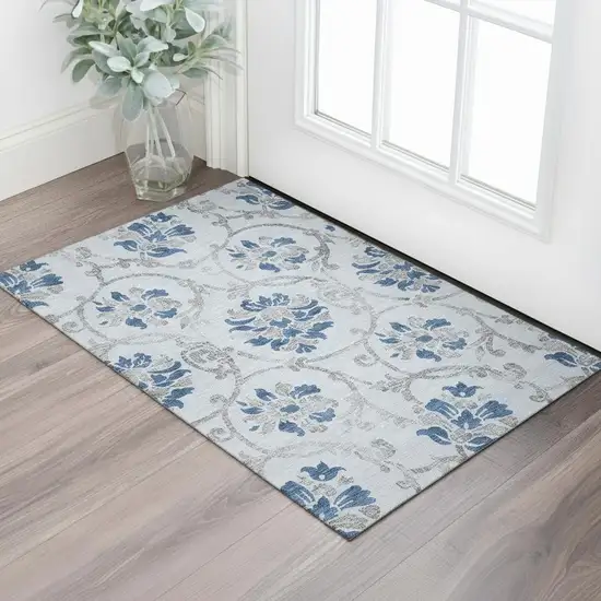 Sky Blue Gray And Silver Floral Washable Area Rug With UV Protection Photo 1
