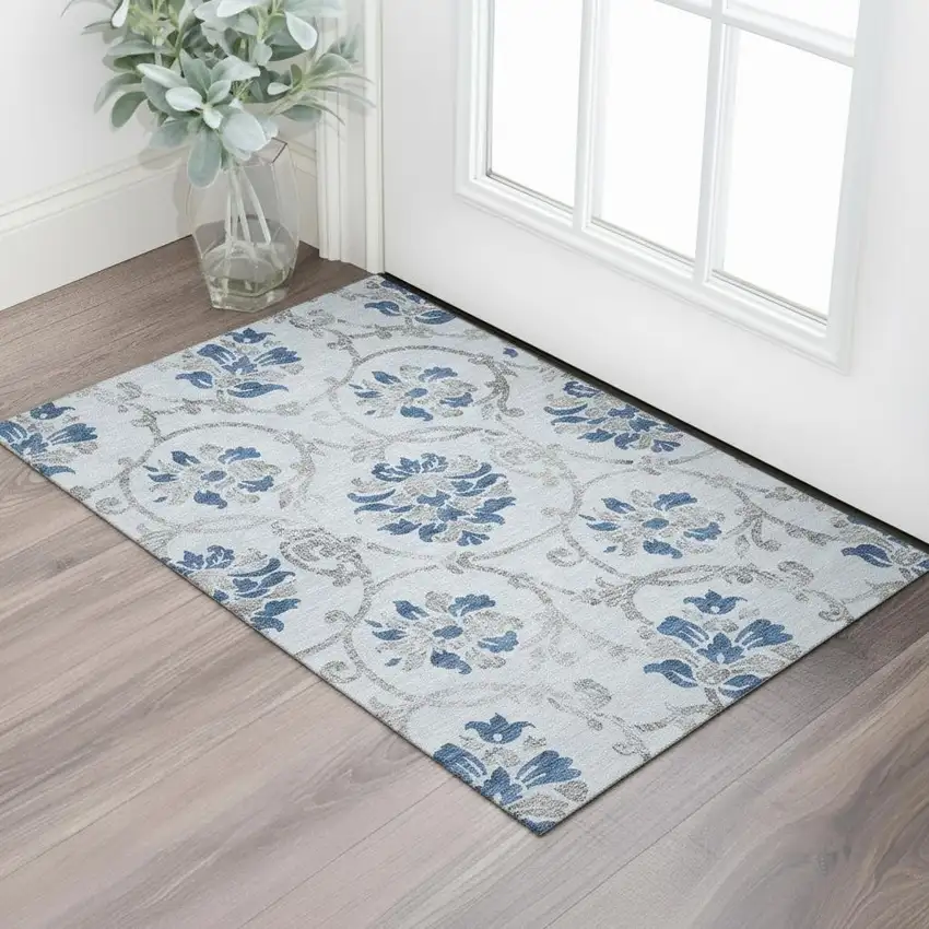 Sky Blue Gray And Silver Floral Washable Area Rug With UV Protection Photo 1