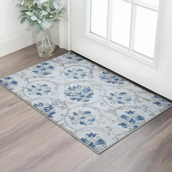 Sky Blue Gray And Silver Floral Washable Area Rug With UV Protection Photo 2