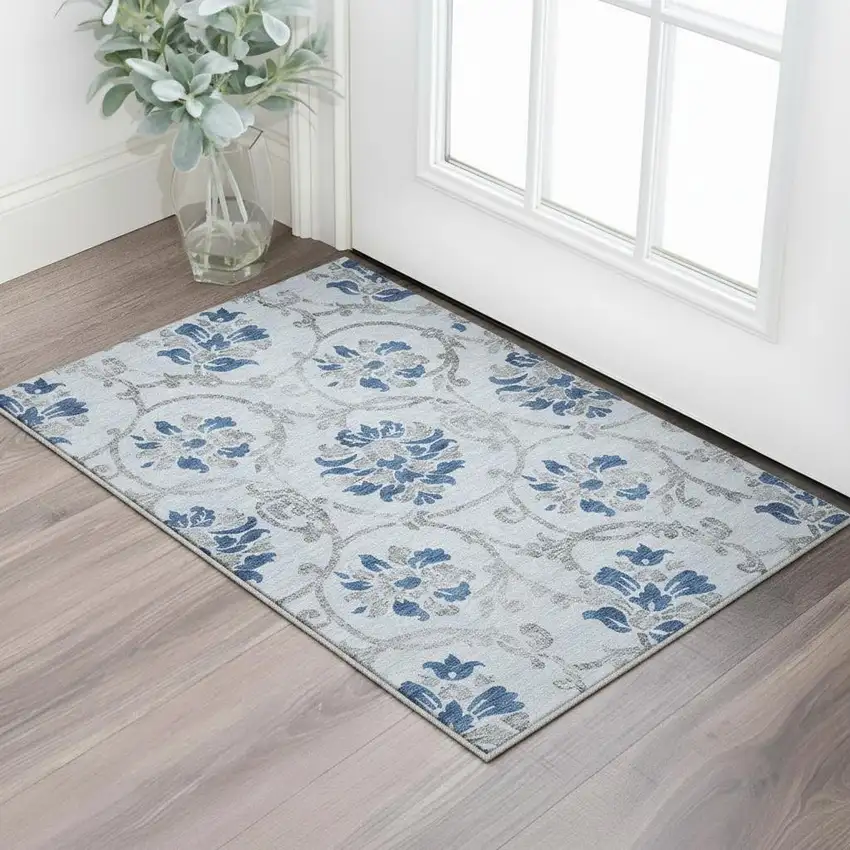 Sky Blue Gray And Silver Floral Washable Area Rug With UV Protection Photo 2