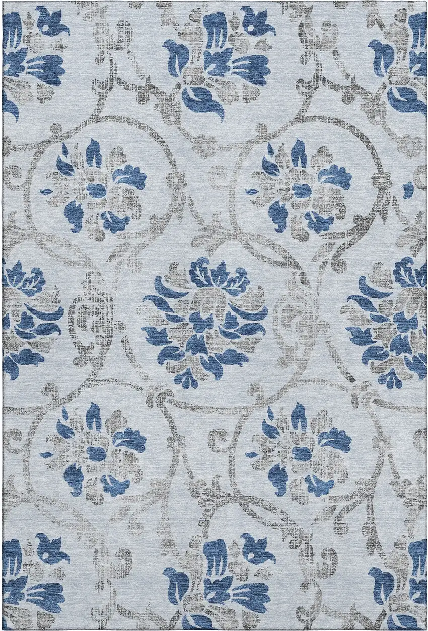 Sky Blue Gray And Silver Floral Washable Area Rug With UV Protection Photo 1