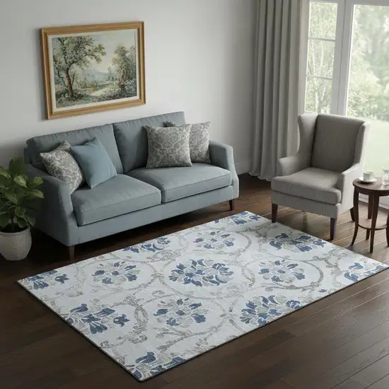 Sky Blue Gray And Silver Floral Washable Area Rug With UV Protection Photo 1