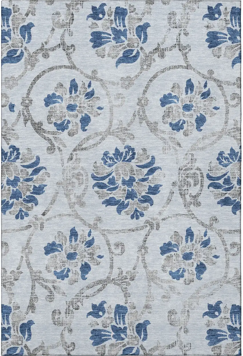 Sky Blue Gray And Silver Floral Washable Area Rug With UV Protection Photo 4