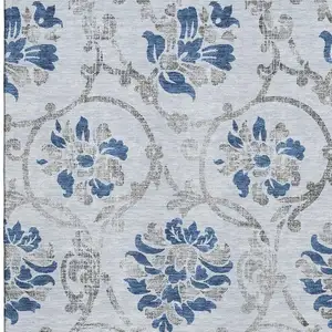 Photo of Sky Blue Gray And Silver Floral Washable Area Rug With UV Protection