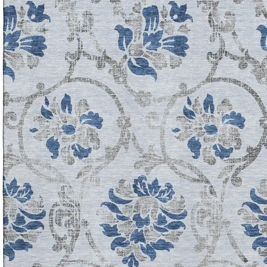 Sky Blue Gray And Silver Floral Washable Area Rug With UV Protection Photo 3