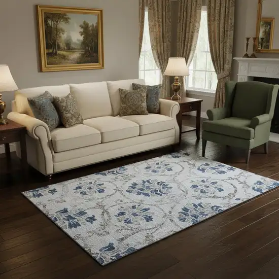 Sky Blue Gray And Silver Floral Washable Area Rug With UV Protection Photo 2