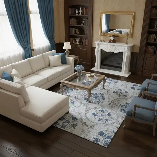 Sky Blue Gray And Silver Floral Washable Area Rug With UV Protection Photo 2