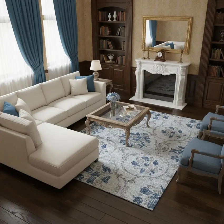 Sky Blue Gray And Silver Floral Washable Area Rug With UV Protection Photo 2