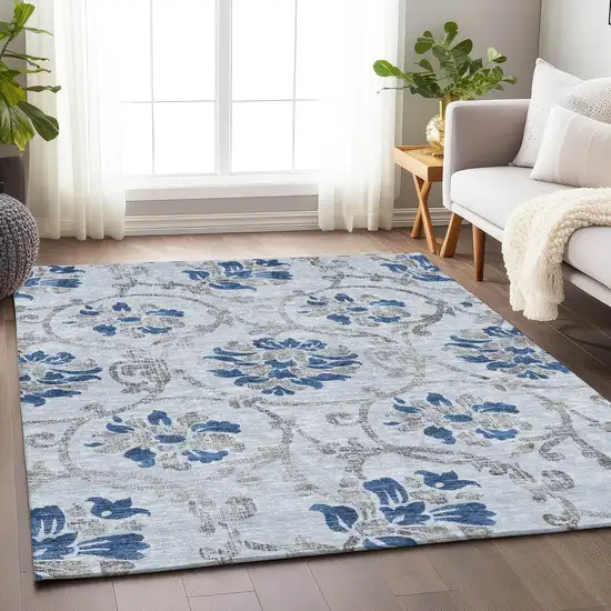 Sky Blue Gray And Silver Floral Washable Area Rug With UV Protection Photo 4