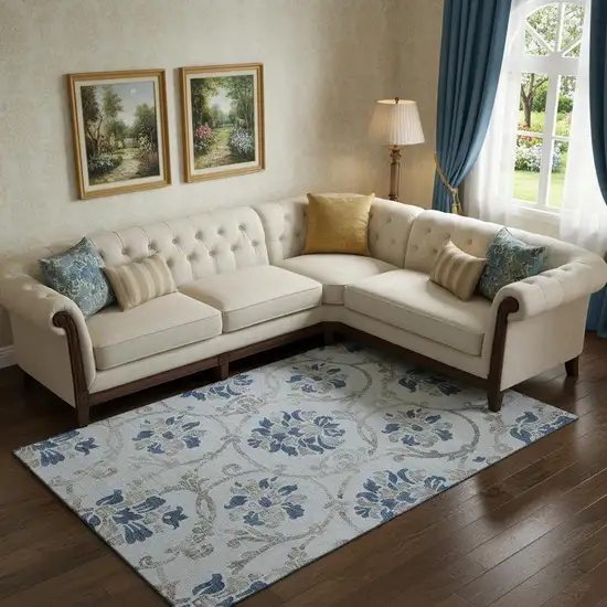 Sky Blue Gray And Silver Floral Washable Area Rug With UV Protection Photo 1