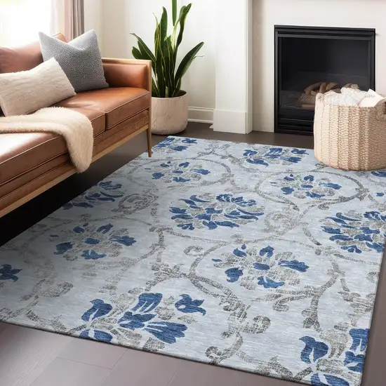Sky Blue Gray And Silver Floral Washable Area Rug With UV Protection Photo 5