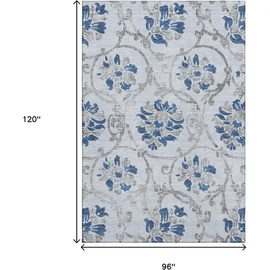 Sky Blue Gray And Silver Floral Washable Area Rug With UV Protection Photo 3