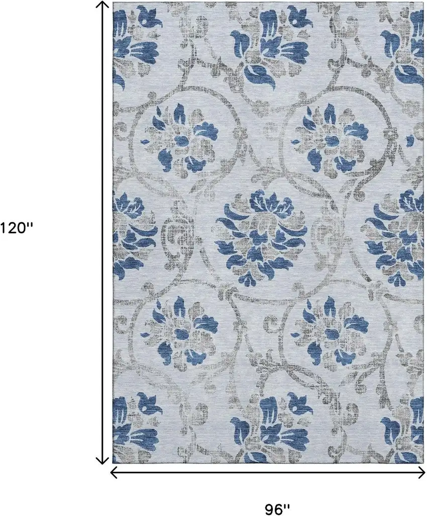 Sky Blue Gray And Silver Floral Washable Area Rug With UV Protection Photo 3