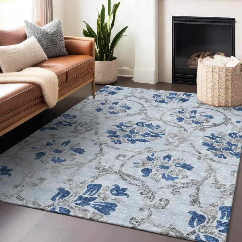 Sky Blue Gray And Silver Floral Washable Area Rug With UV Protection Photo 6