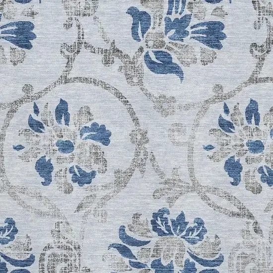 Sky Blue Gray And Silver Floral Washable Area Rug With UV Protection Photo 3