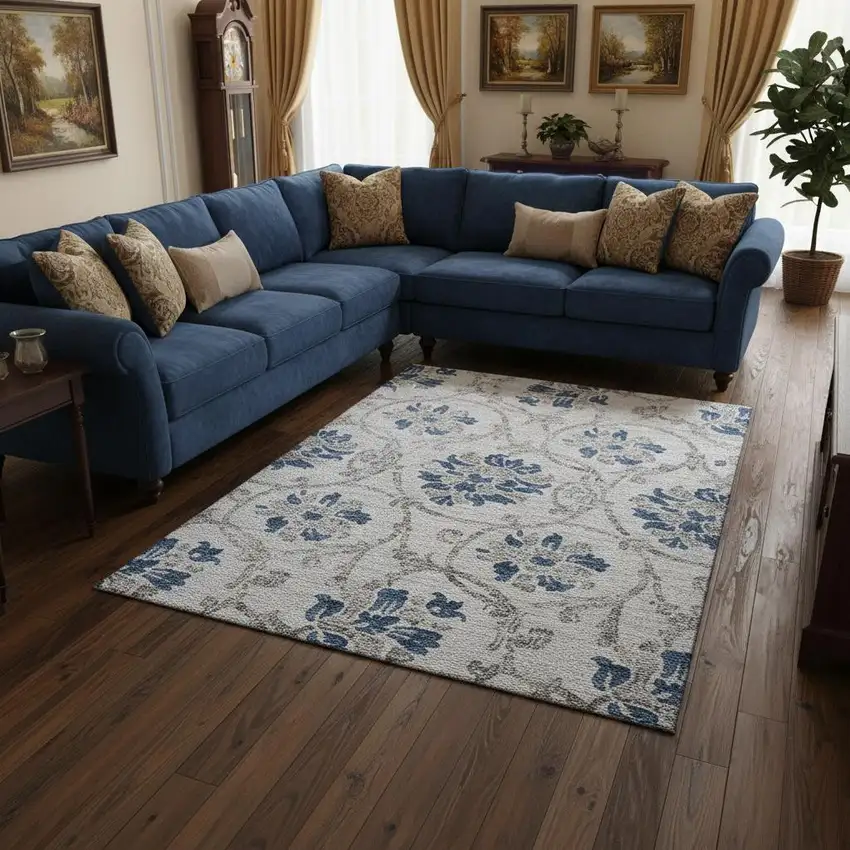 Sky Blue Gray And Silver Floral Washable Area Rug With UV Protection Photo 2