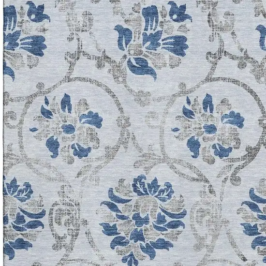 Sky Blue Gray And Silver Floral Washable Area Rug With UV Protection Photo 5