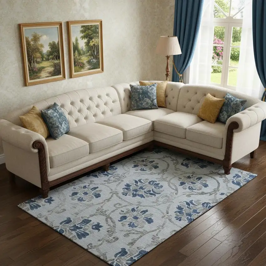 Sky Blue Gray And Silver Floral Washable Area Rug With UV Protection Photo 1