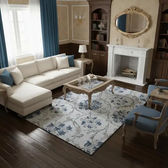 Sky Blue Gray And Silver Floral Washable Area Rug With UV Protection Photo 2