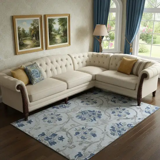 Sky Blue Gray And Silver Floral Washable Area Rug With UV Protection Photo 1