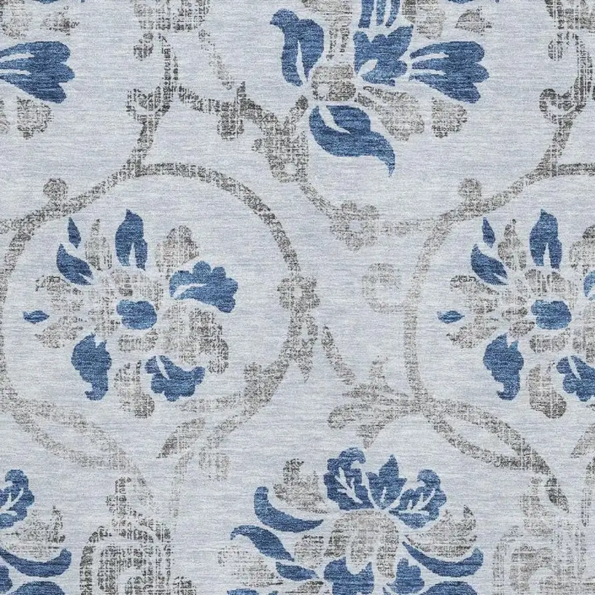 Sky Blue Gray And Silver Floral Washable Area Rug With UV Protection Photo 3