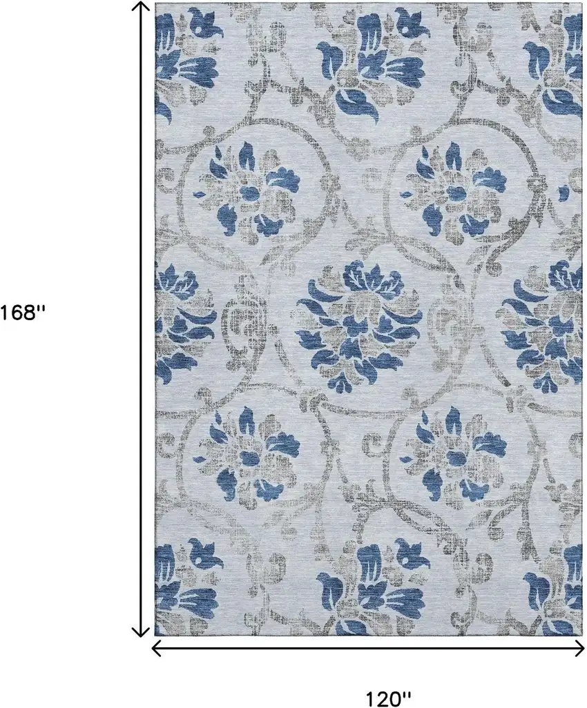 Sky Blue Gray And Silver Floral Washable Area Rug With UV Protection Photo 3
