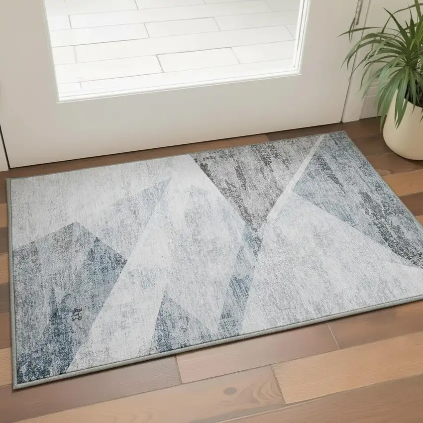 Sky Blue Gray And Silver Geometric Washable Area Rug With UV Protection Photo 2