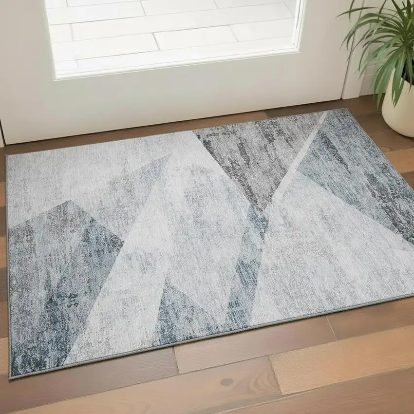 Sky Blue Gray And Silver Geometric Washable Area Rug With UV Protection Photo 1