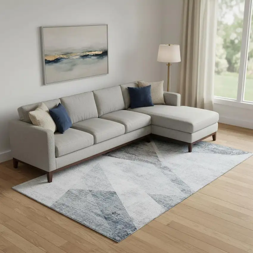 Sky Blue Gray And Silver Geometric Washable Area Rug With UV Protection Photo 1