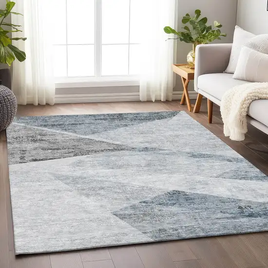 Sky Blue Gray And Silver Geometric Washable Area Rug With UV Protection Photo 6