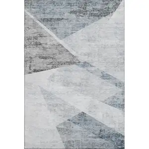 Photo of Sky Blue Gray And Silver Geometric Washable Area Rug With UV Protection