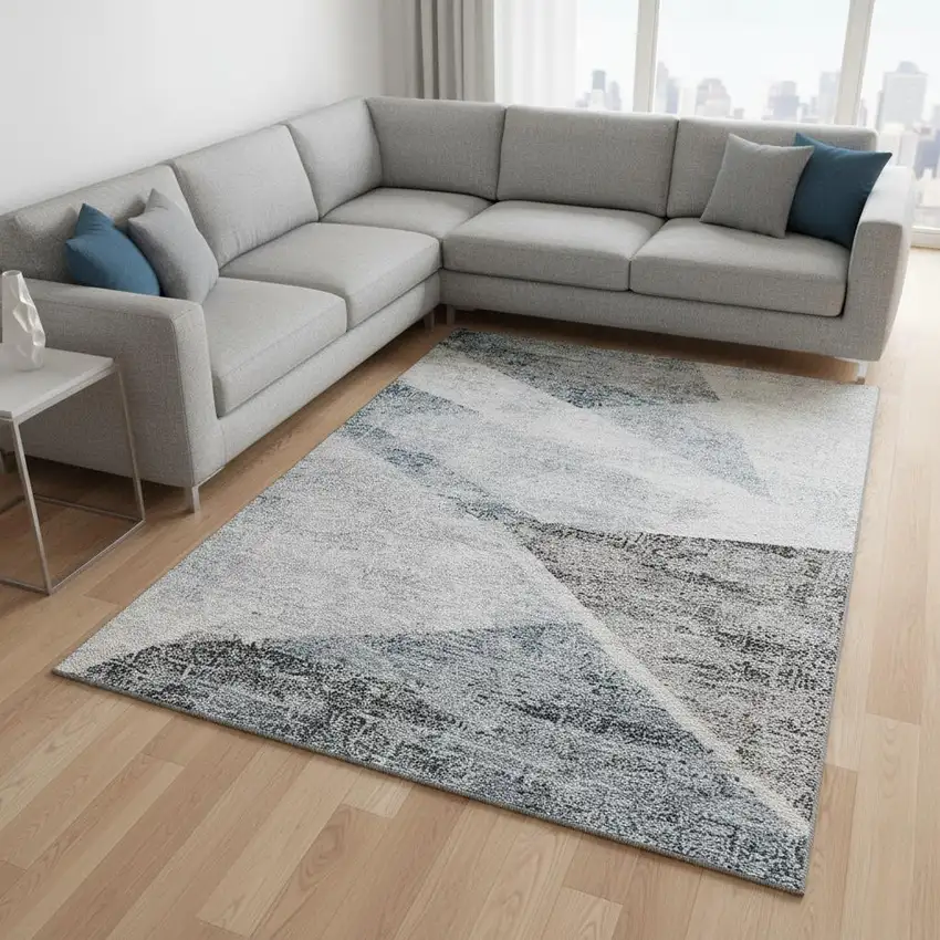 Sky Blue Gray And Silver Geometric Washable Area Rug With UV Protection Photo 2