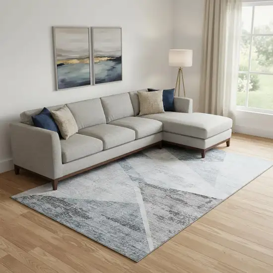 Sky Blue Gray And Silver Geometric Washable Area Rug With UV Protection Photo 1