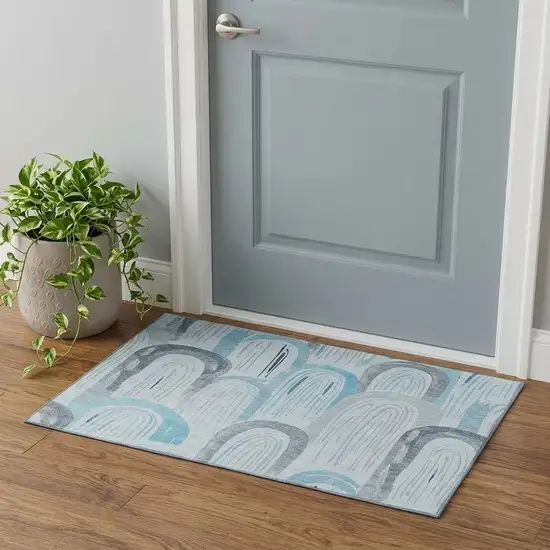 Sky Blue Gray And Silver Geometric Washable Area Rug With UV Protection Photo 1