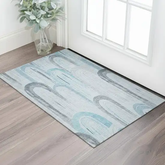 Sky Blue Gray And Silver Geometric Washable Area Rug With UV Protection Photo 2