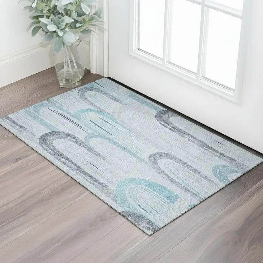 Sky Blue Gray And Silver Geometric Washable Area Rug With UV Protection Photo 2