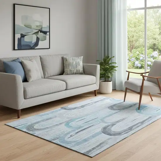 Sky Blue Gray And Silver Geometric Washable Area Rug With UV Protection Photo 2
