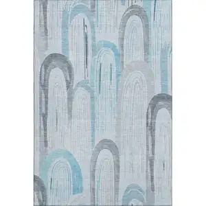 Photo of Sky Blue Gray And Silver Geometric Washable Area Rug With UV Protection