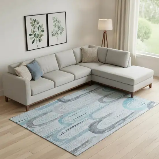 Sky Blue Gray And Silver Geometric Washable Area Rug With UV Protection Photo 2