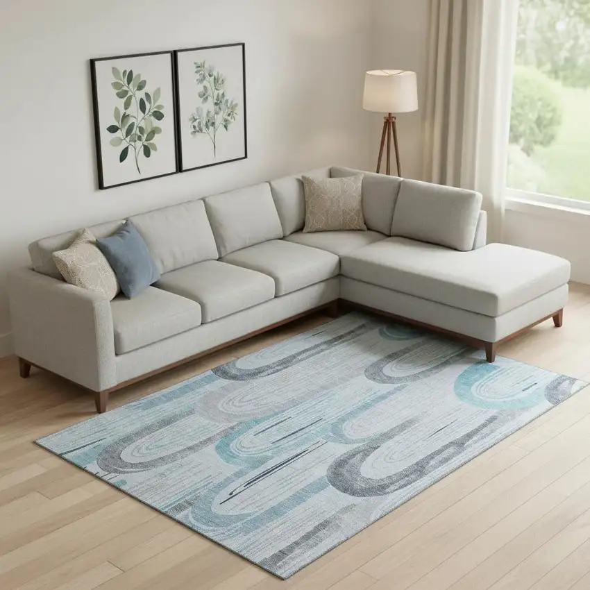 Sky Blue Gray And Silver Geometric Washable Area Rug With UV Protection Photo 2