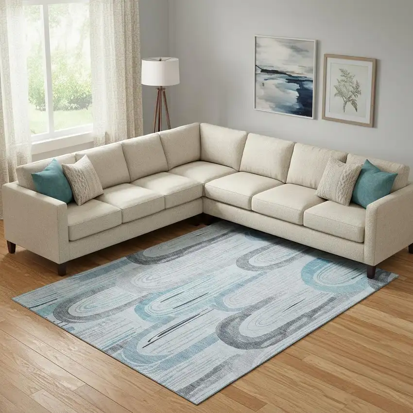 Sky Blue Gray And Silver Geometric Washable Area Rug With UV Protection Photo 2